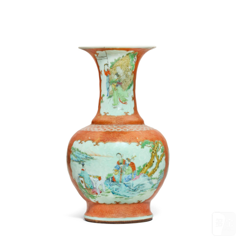 清晚期 彩繪青釉開光人物故事圖瓶 | AN ENAMELLED CELADON-GLAZED BALUSTER VASE - 图2